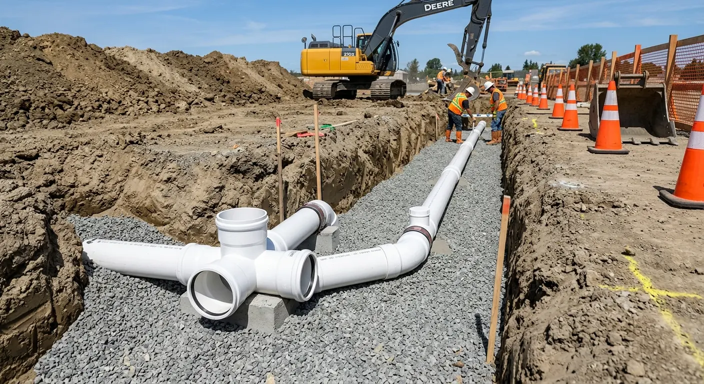 New PVC sewer pipe installation in open trench for Commercial Drain Cleaning in Alpine
